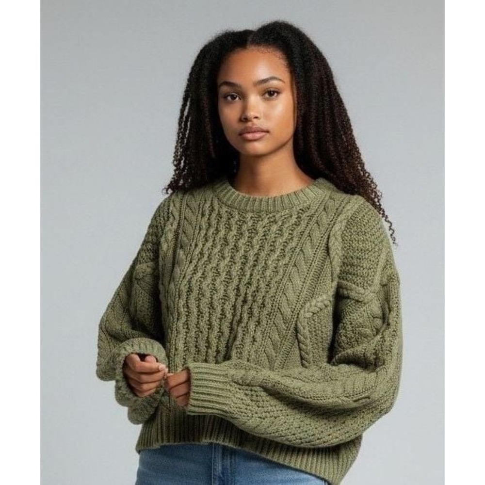 Altar'd State Olive Green Cable Knit Balloon Sleeve Sweater Size XS